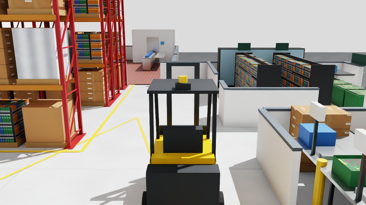 Omniverse RTX frame following the forklift through the racking aisle